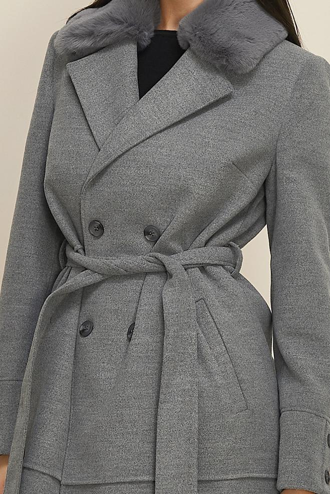 Tesettür giyim GRİ KUŞAKLI KAŞE KABAN 90631 - ALVİNA