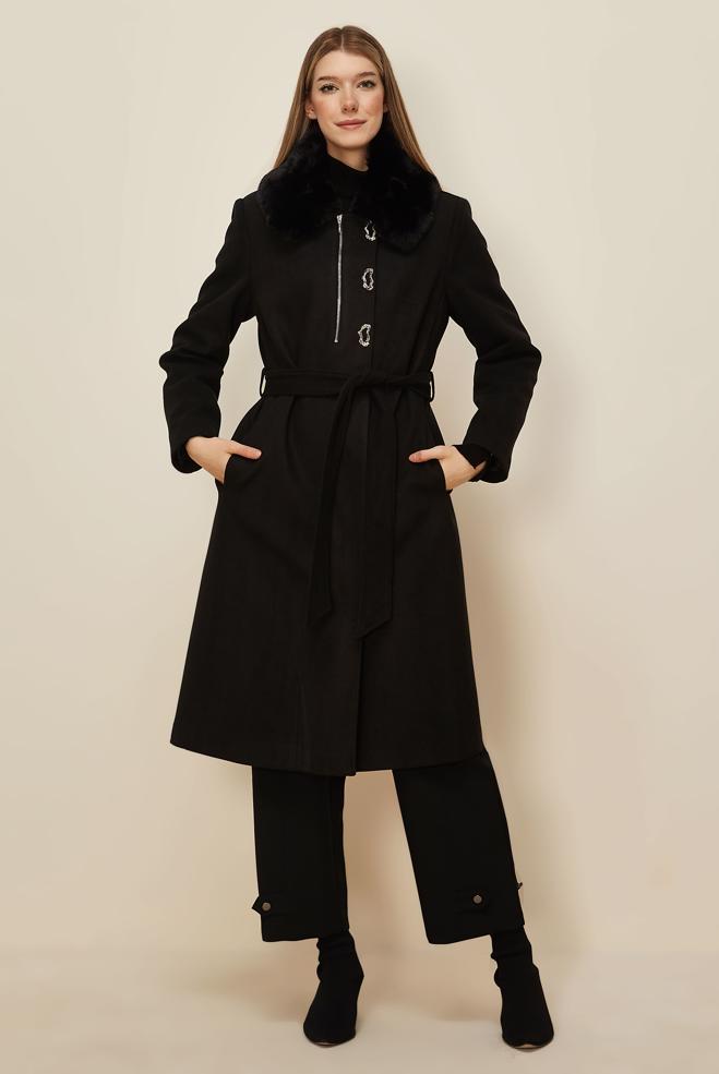 Tesettür giyim SİYAH KUŞAKLI KAŞE KABAN 90633 - ALVİNA