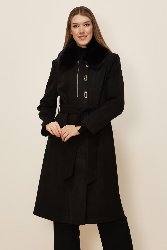 Tesettür giyim SİYAH KUŞAKLI KAŞE KABAN 90633 - ALVİNA