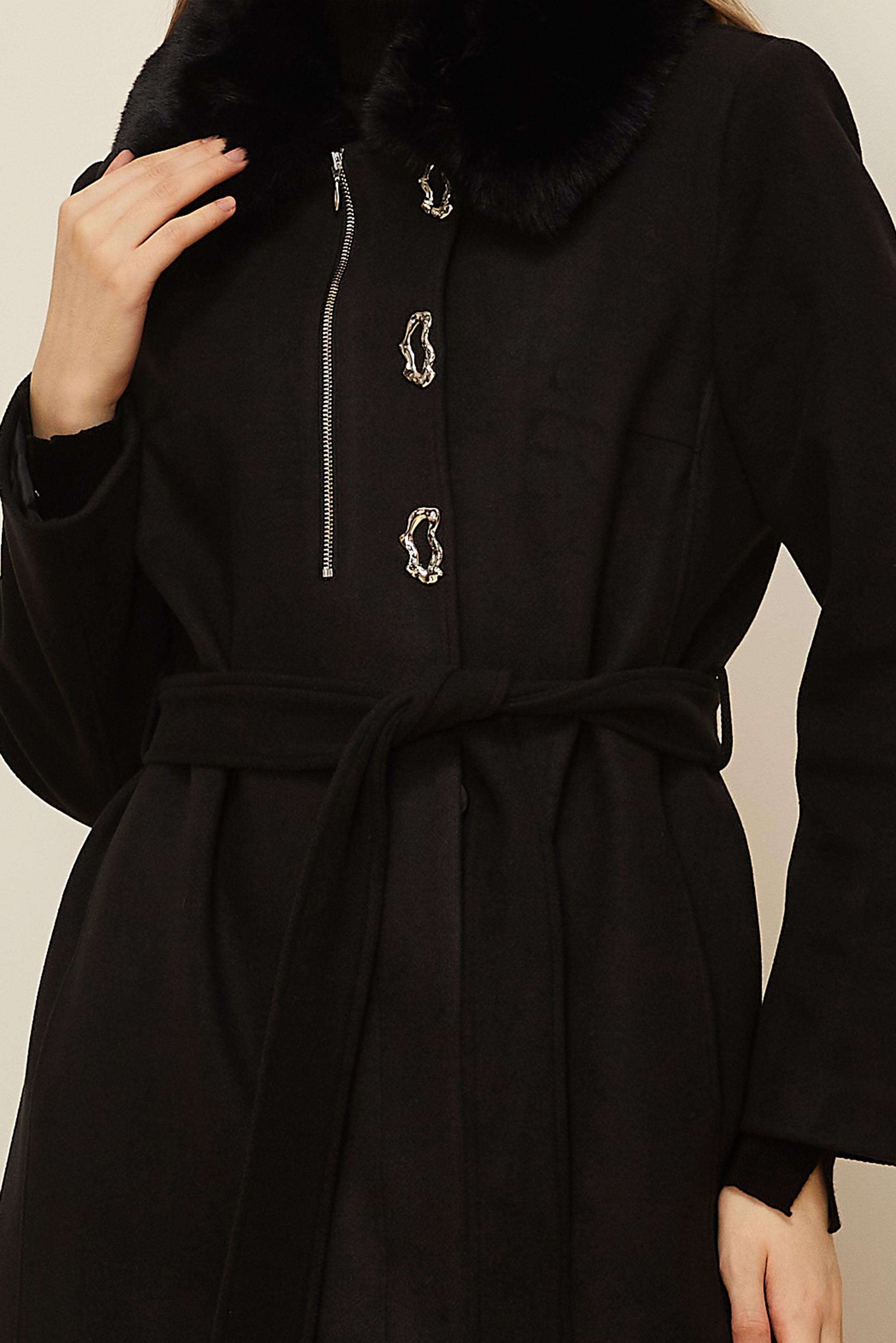 Tesettür giyim SİYAH KUŞAKLI KAŞE KABAN 90633