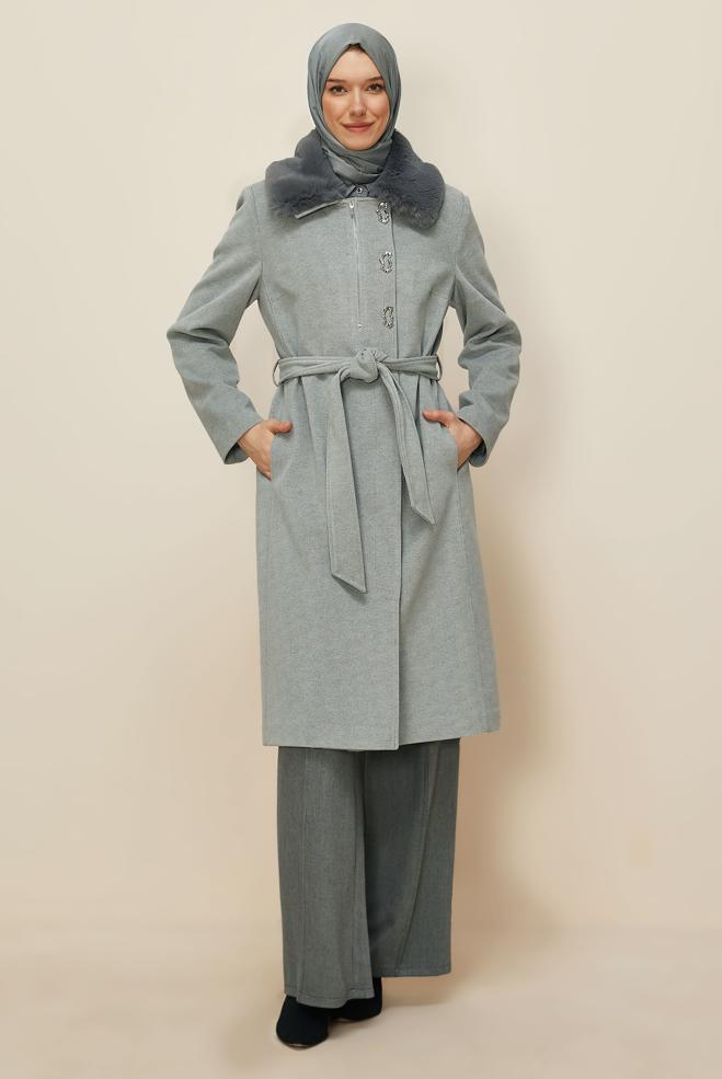 Tesettür giyim GRİ KUŞAKLI KAŞE KABAN 90633 - ALVİNA