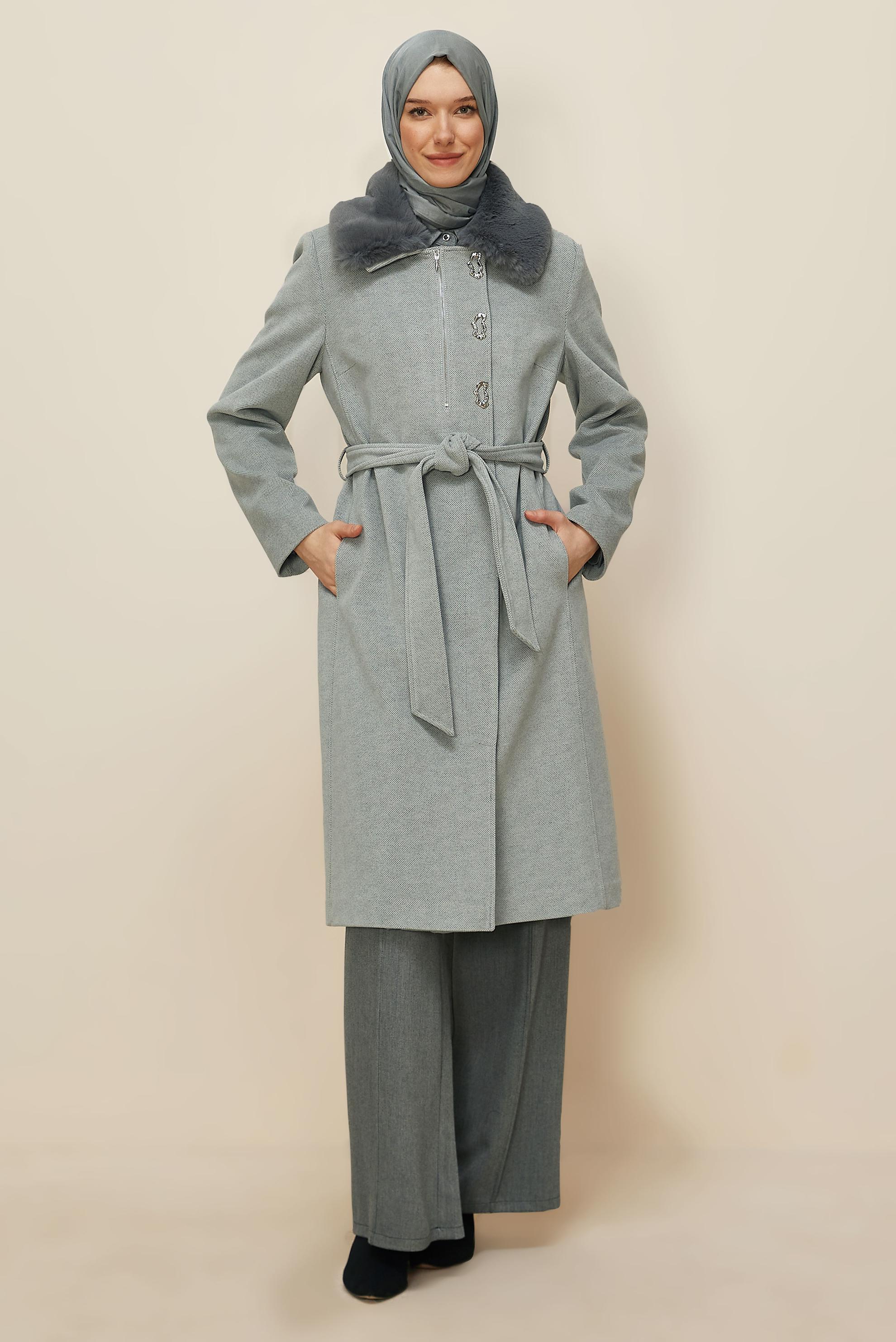 Tesettür giyim GRİ KUŞAKLI KAŞE KABAN 90633