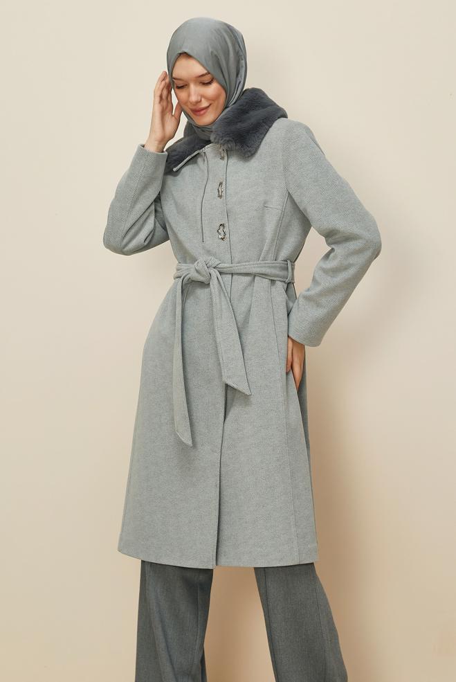 Tesettür giyim GRİ KUŞAKLI KAŞE KABAN 90633 - ALVİNA