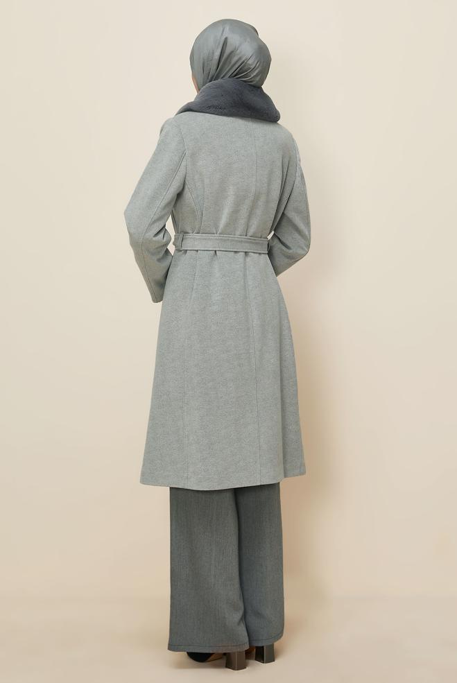Tesettür giyim GRİ KUŞAKLI KAŞE KABAN 90633 - ALVİNA