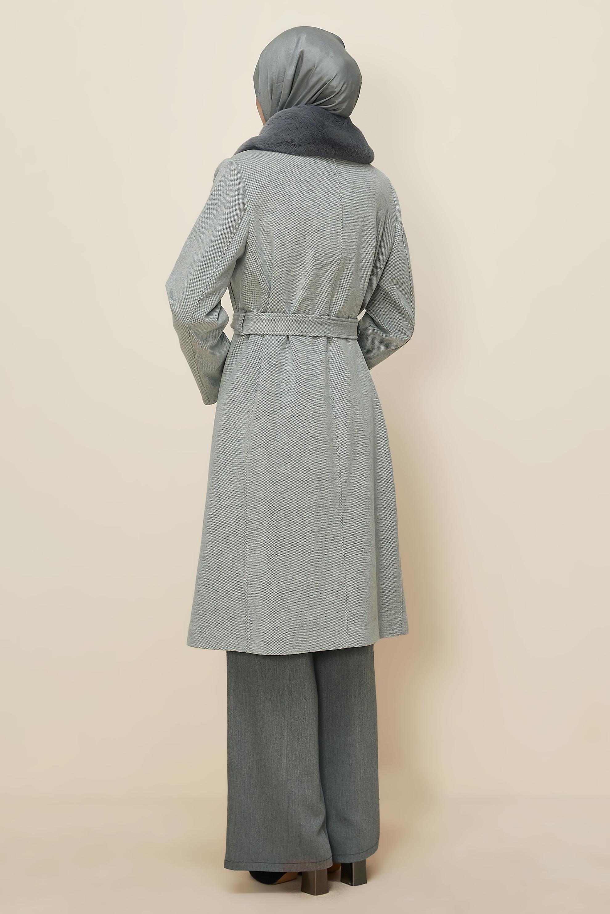 Tesettür giyim GRİ KUŞAKLI KAŞE KABAN 90633