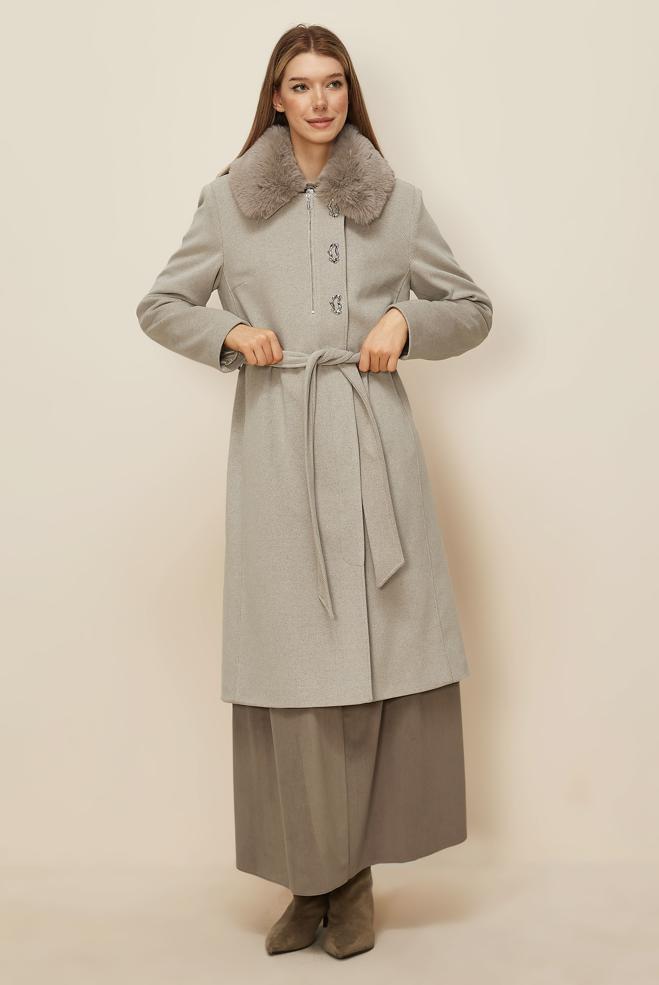 Tesettür giyim BEJ KUŞAKLI KAŞE KABAN 90633 - ALVİNA