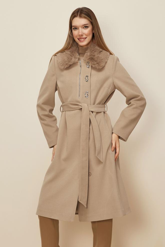 Tesettür giyim KAHVE KUŞAKLI KAŞE KABAN 90633 - ALVİNA