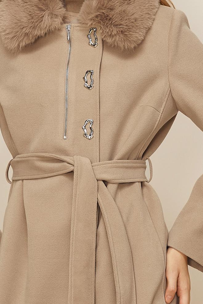 Tesettür giyim KAHVE KUŞAKLI KAŞE KABAN 90633 - ALVİNA