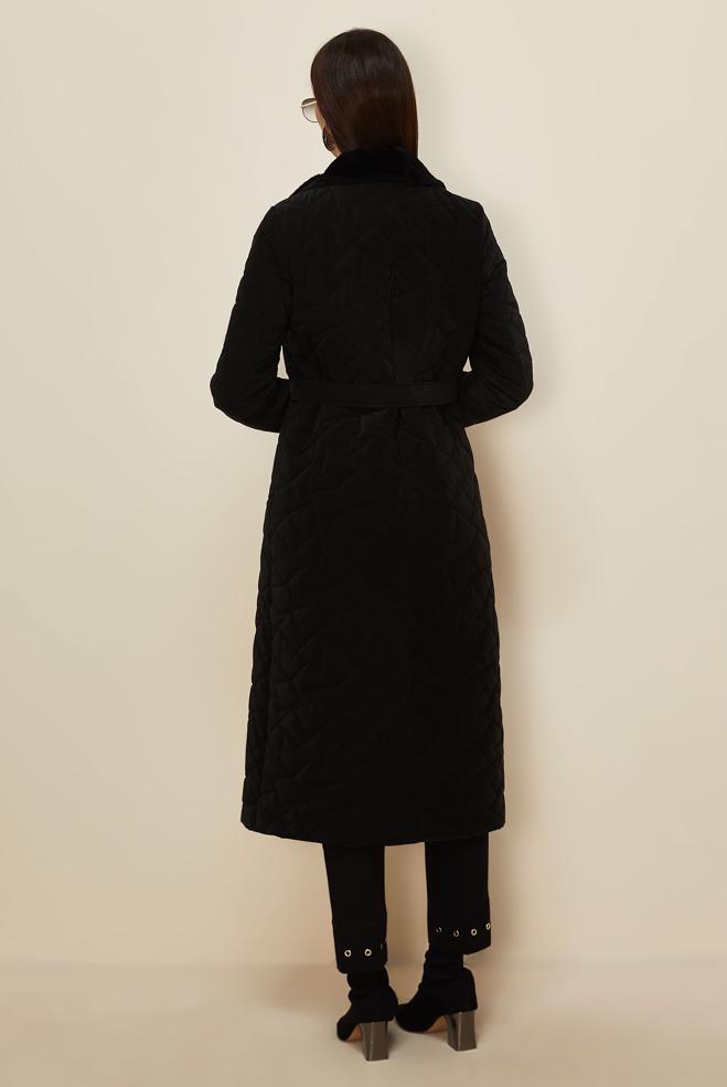 Tesettür giyim SİYAH KEMERLİ KAPİTONE KABAN 90634 - ALVİNA