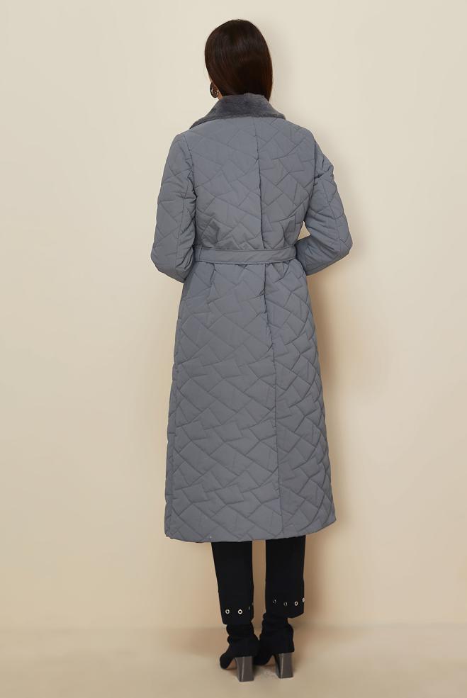 Tesettür giyim GRİ KEMERLİ KAPİTONE KABAN 90634 - ALVİNA