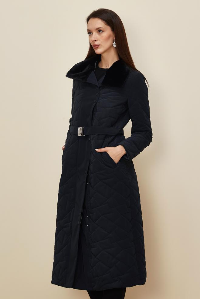 Tesettür giyim LACİVERT KEMERLİ KAPİTONE KABAN 90634 - ALVİNA