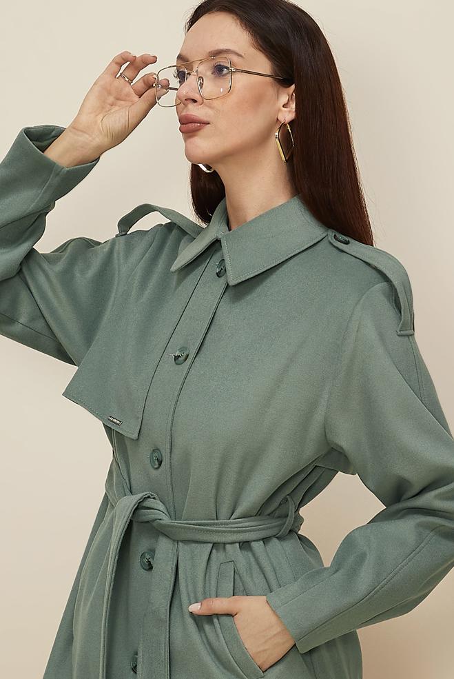 Tesettür giyim YEŞİL KUŞAKLI KAŞE KABAN 90637 - ALVİNA