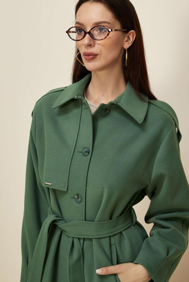 Tesettür giyim YEŞİL KUŞAKLI KAŞE KABAN 90637 - ALVİNA