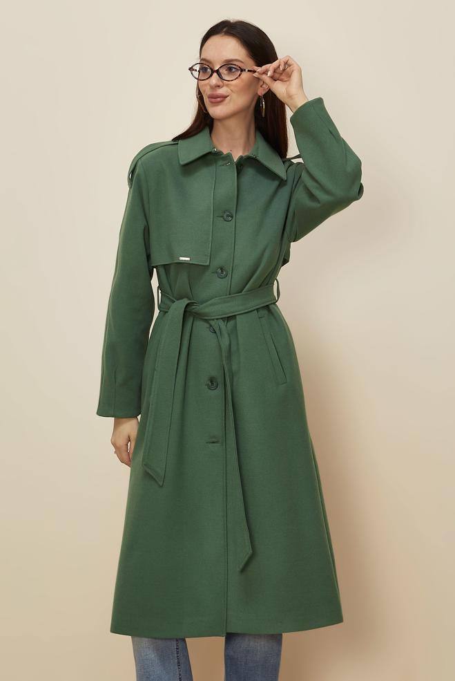 Tesettür giyim YEŞİL KUŞAKLI KAŞE KABAN 90637 - ALVİNA