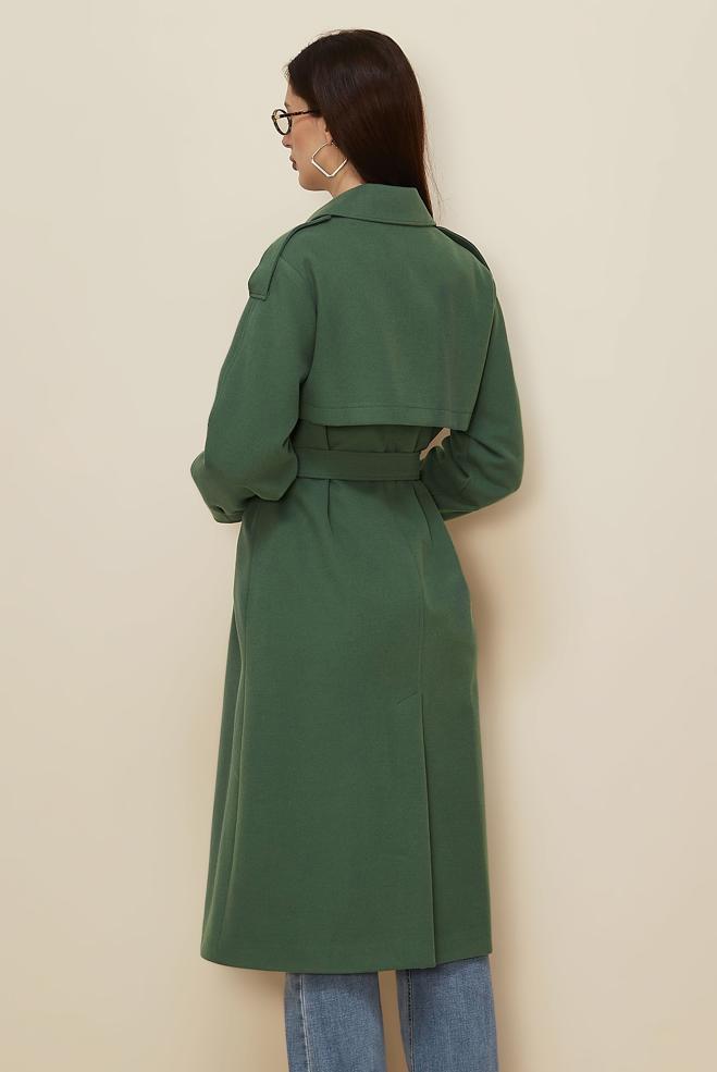 Tesettür giyim YEŞİL KUŞAKLI KAŞE KABAN 90637 - ALVİNA