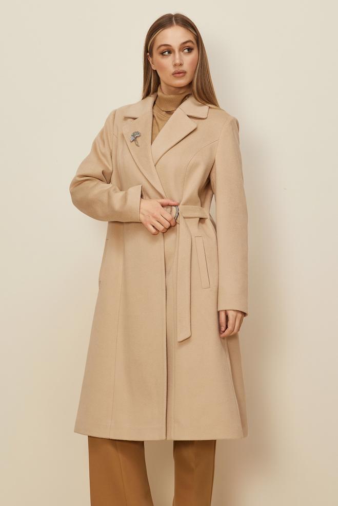 Tesettür giyim BEJ KEMERLİ KAŞE KABAN 90639 - ALVİNA