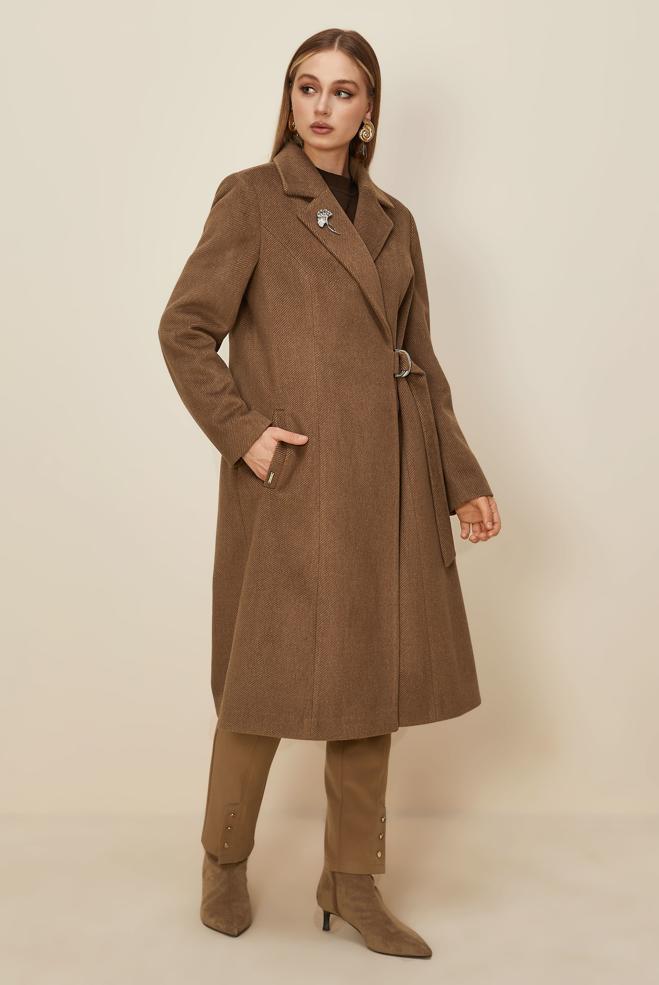 Tesettür giyim KAHVE KEMERLİ KAŞE KABAN 90639 - ALVİNA