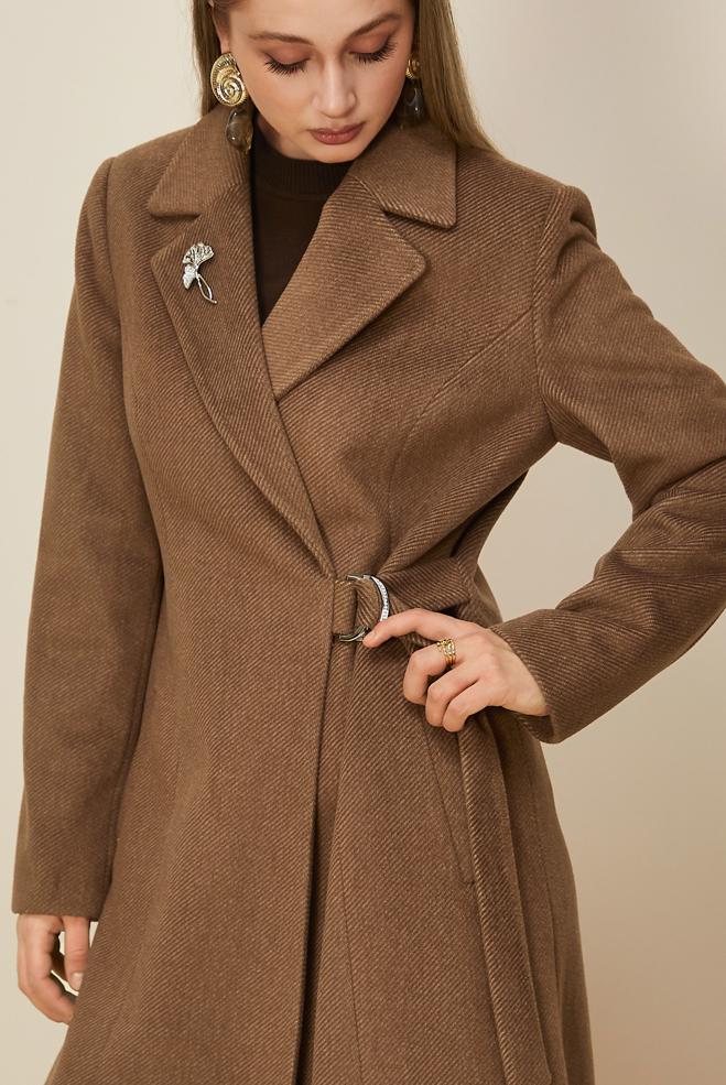 Tesettür giyim KAHVE KEMERLİ KAŞE KABAN 90639 - ALVİNA