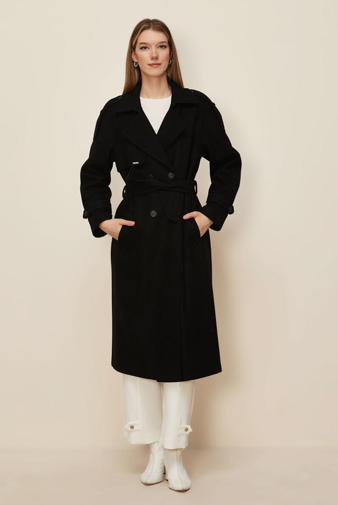 Tesettür giyim SİYAH KEMERLİ KAŞE KABAN 90640 - ALVİNA