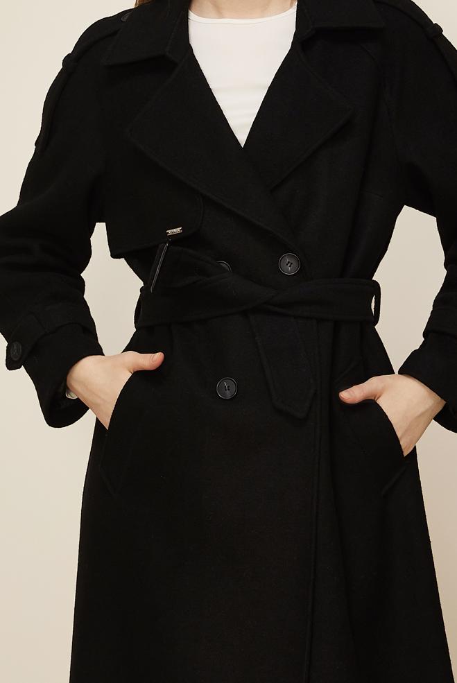 Tesettür giyim SİYAH KEMERLİ KAŞE KABAN 90640 - ALVİNA