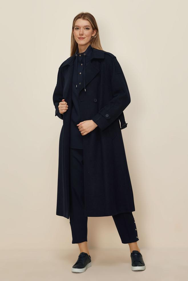 Tesettür giyim LACİVERT KEMERLİ KAŞE KABAN 90640 - ALVİNA