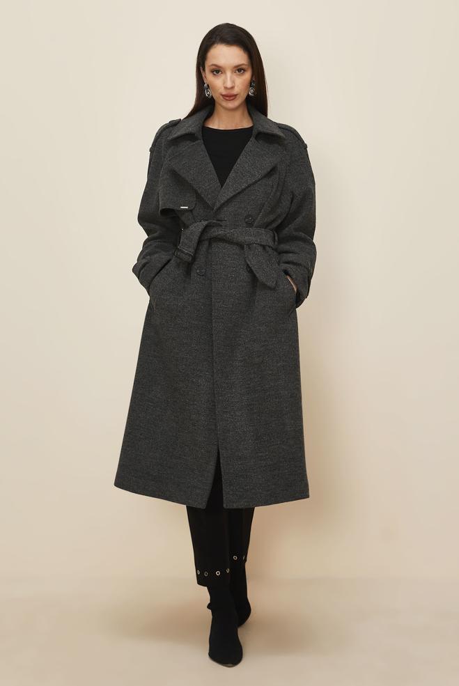 Tesettür giyim GRİ KEMERLİ KAŞE KABAN 90640 - ALVİNA