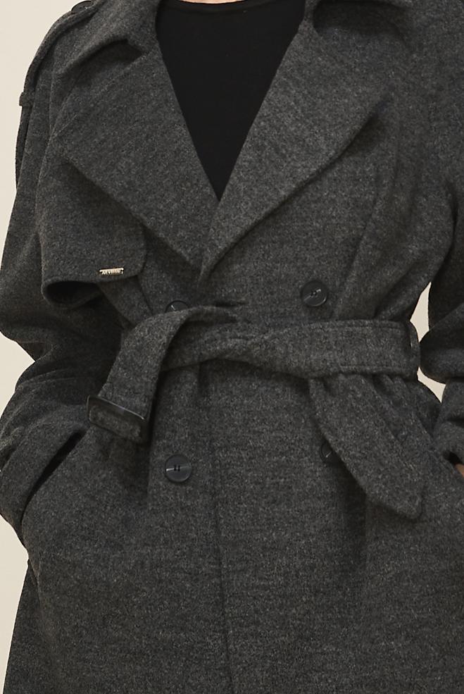 Tesettür giyim GRİ KEMERLİ KAŞE KABAN 90640 - ALVİNA