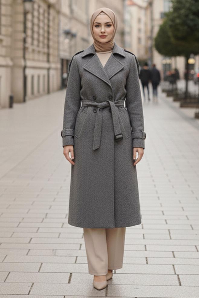 Vêtements hijab GRIS MANTEAU CACHE CEINTURE 90640 - ALVİNA