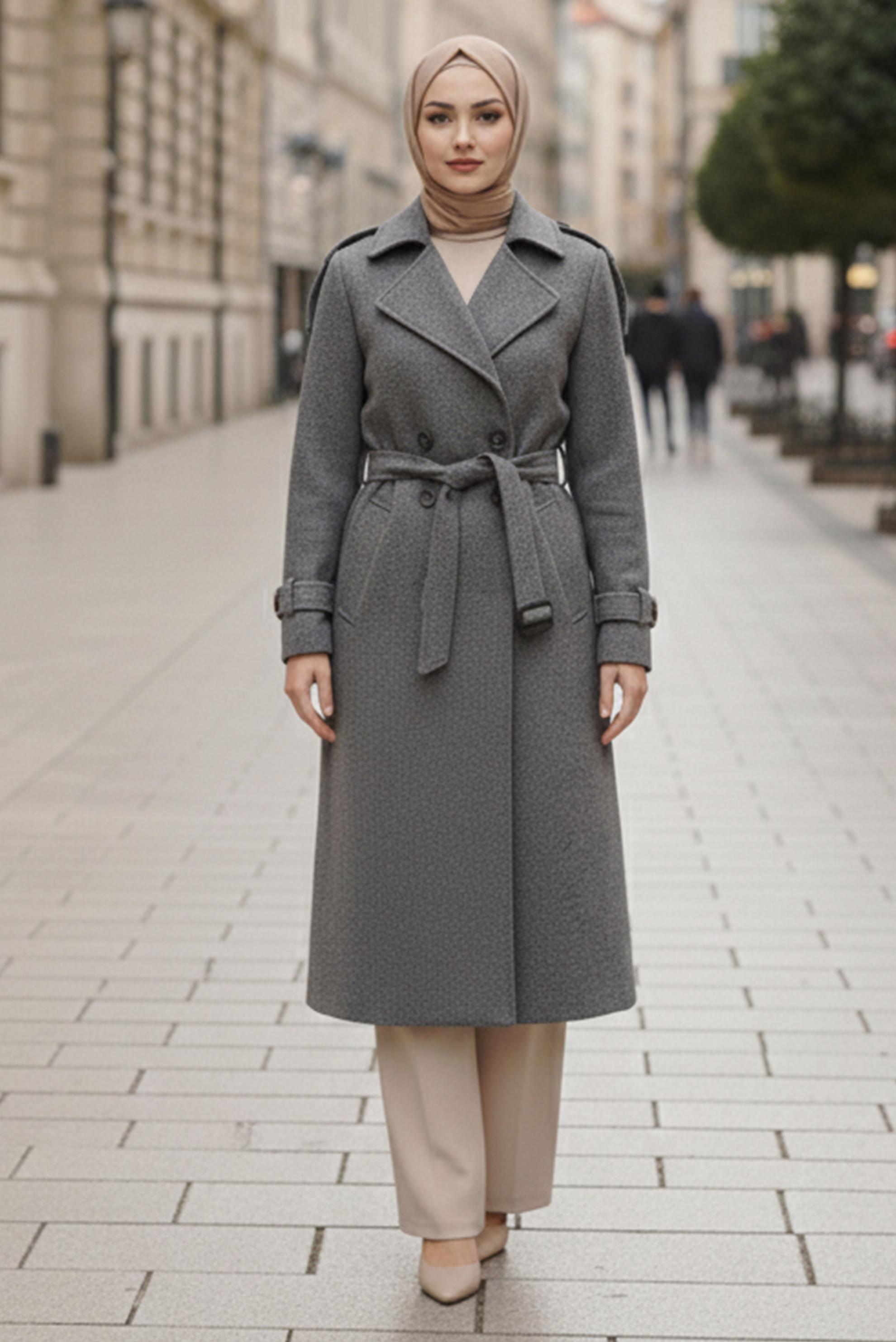 Vêtements hijab GRIS MANTEAU CACHE CEINTURE 90640