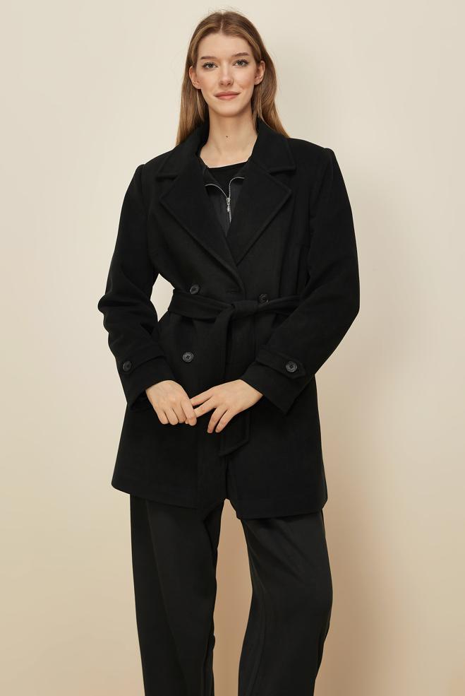 Tesettür giyim SİYAH KEMERLİ KAŞE KABAN 90641 - ALVİNA