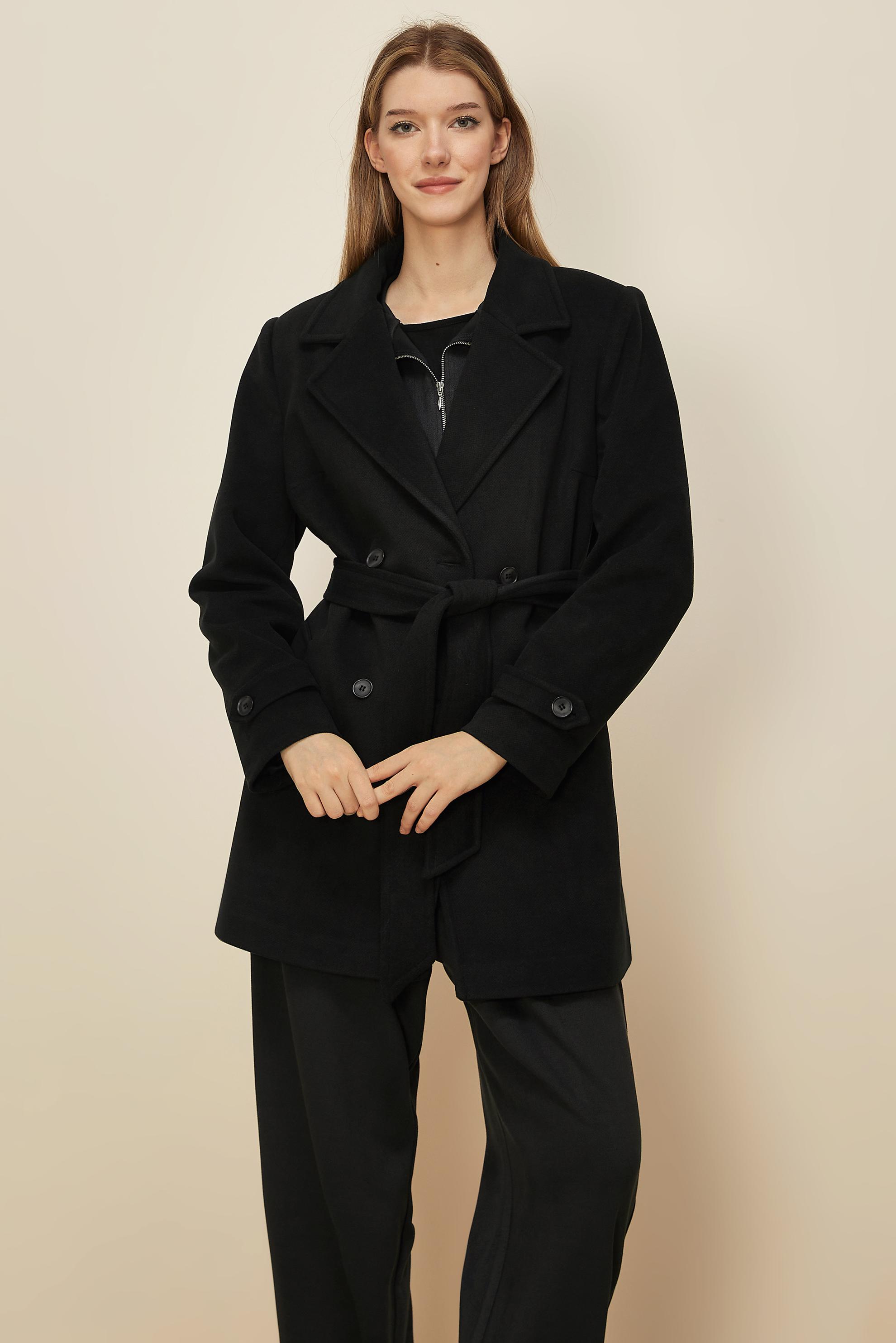 Tesettür giyim SİYAH KEMERLİ KAŞE KABAN 90641