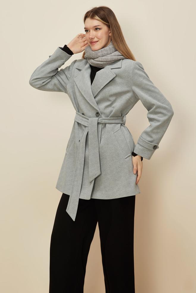 Tesettür giyim GRİ KEMERLİ KAŞE KABAN 90641 - ALVİNA