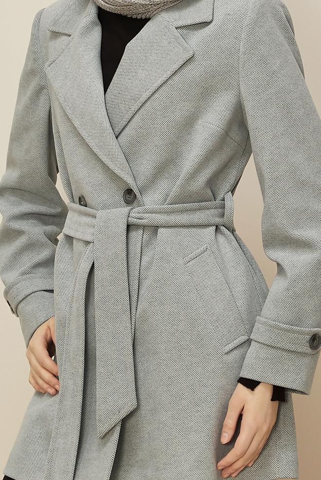 Tesettür giyim GRİ KEMERLİ KAŞE KABAN 90641 - ALVİNA