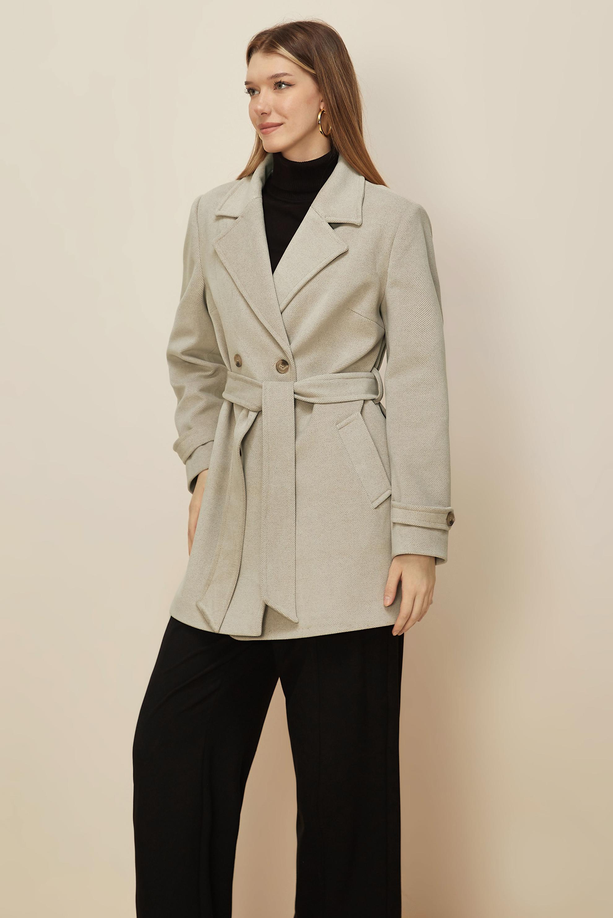 Tesettür giyim BEJ KEMERLİ KAŞE KABAN 90641