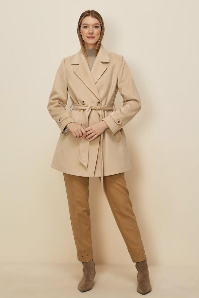 Tesettür giyim BEJ KUŞAKLI KAŞE KABAN 90641-1 - ALVİNA