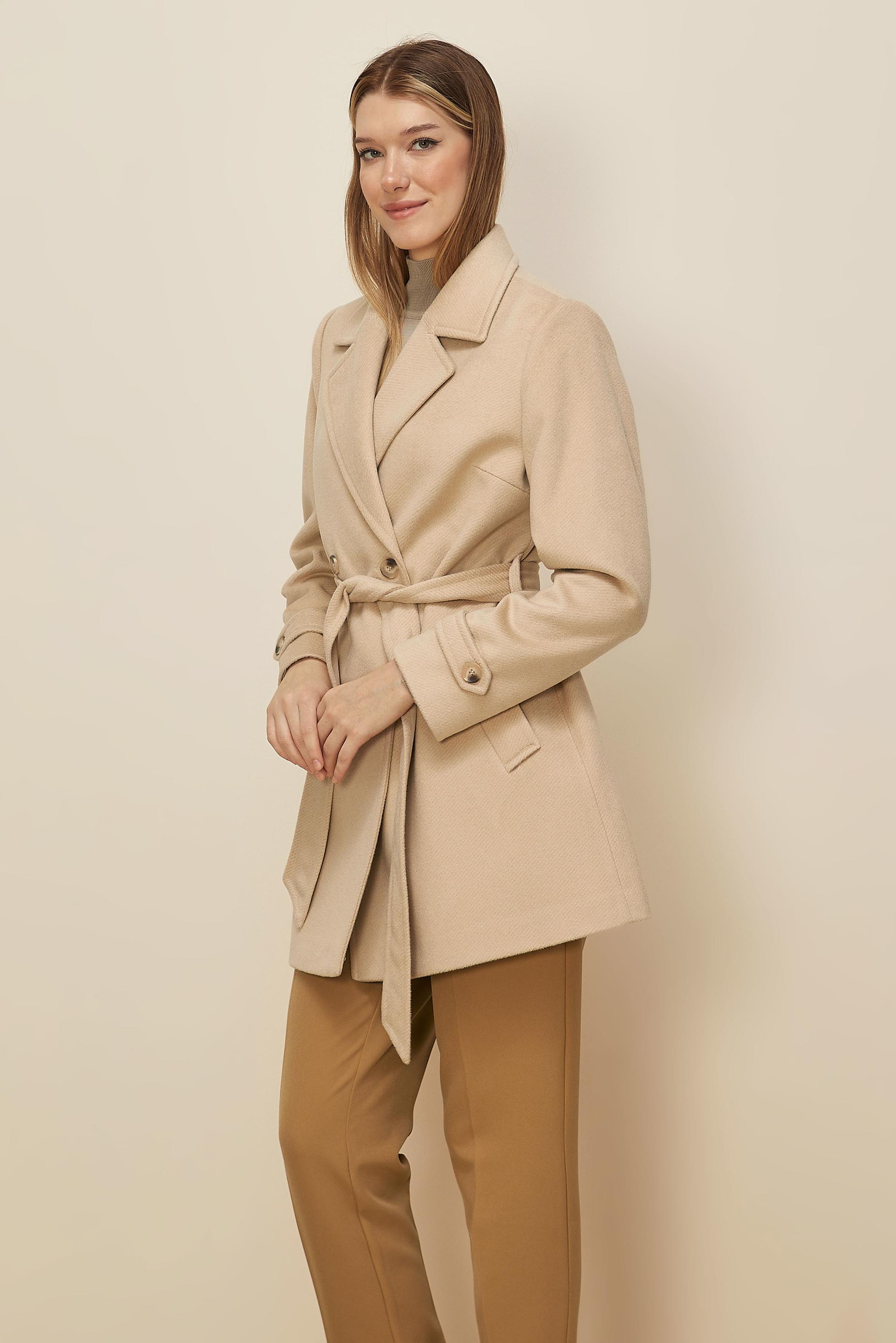 Tesettür giyim BEJ KUŞAKLI KAŞE KABAN 90641-1