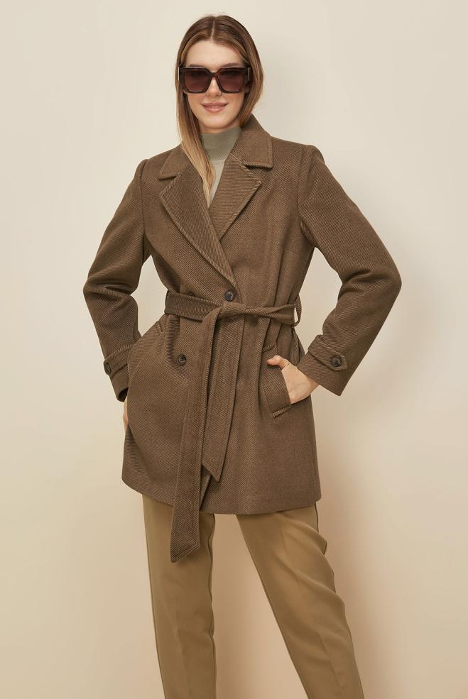 Tesettür giyim KAHVE KUŞAKLI KAŞE KABAN 90641-1 - ALVİNA