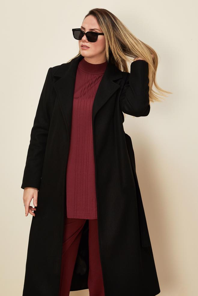 Tesettür giyim SİYAH KUŞAKLI KAŞE KABAN 90643 - ALVİNA