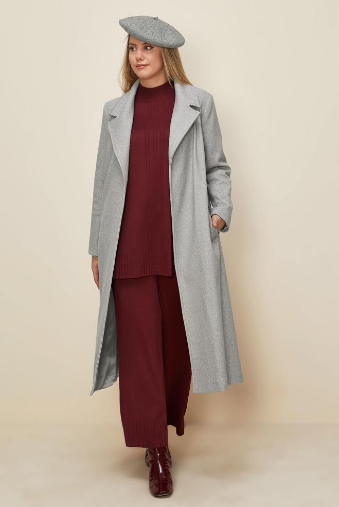 Tesettür giyim GRİ KUŞAKLI KAŞE KABAN 90643 - ALVİNA