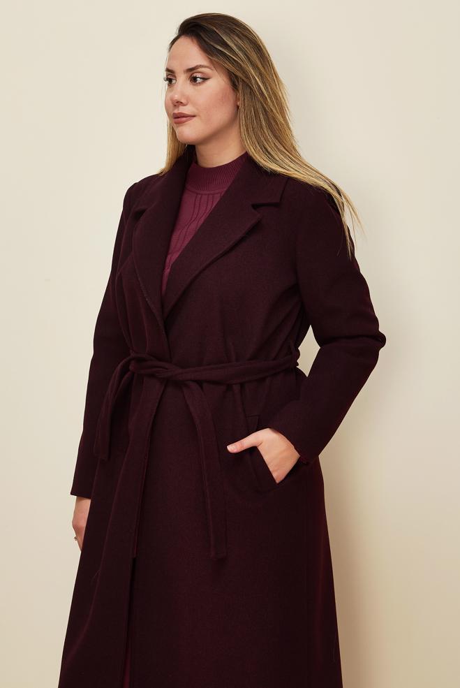 Tesettür giyim BORDO KUŞAKLI KAŞE KABAN 90643 - ALVİNA