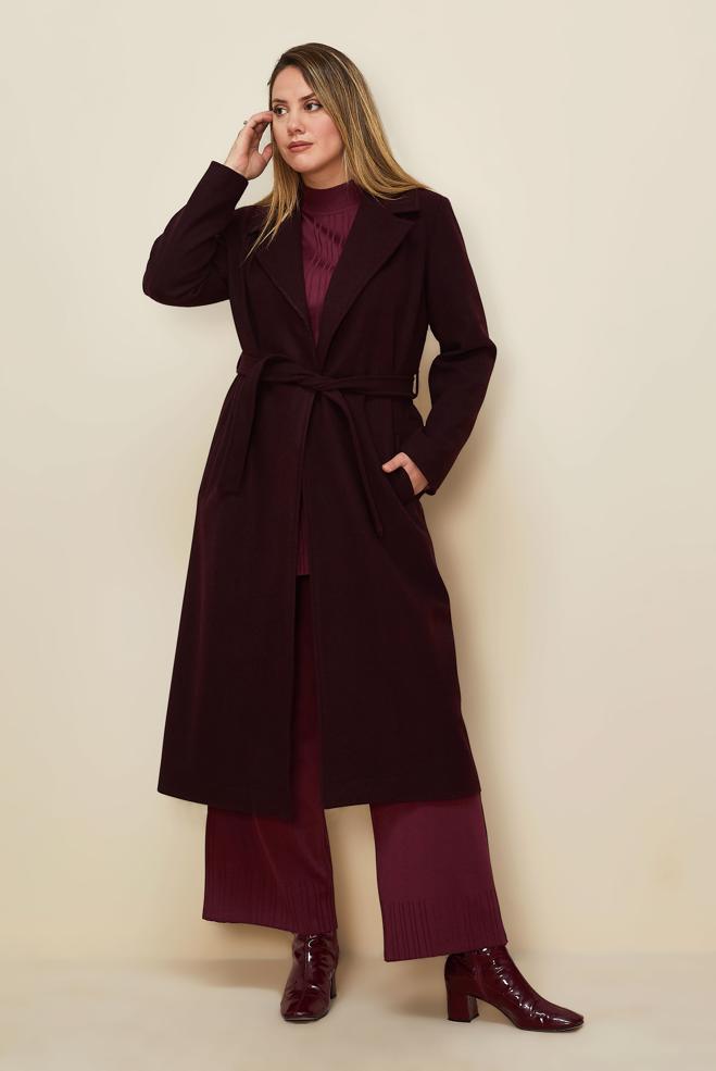 Tesettür giyim BORDO KUŞAKLI KAŞE KABAN 90643 - ALVİNA