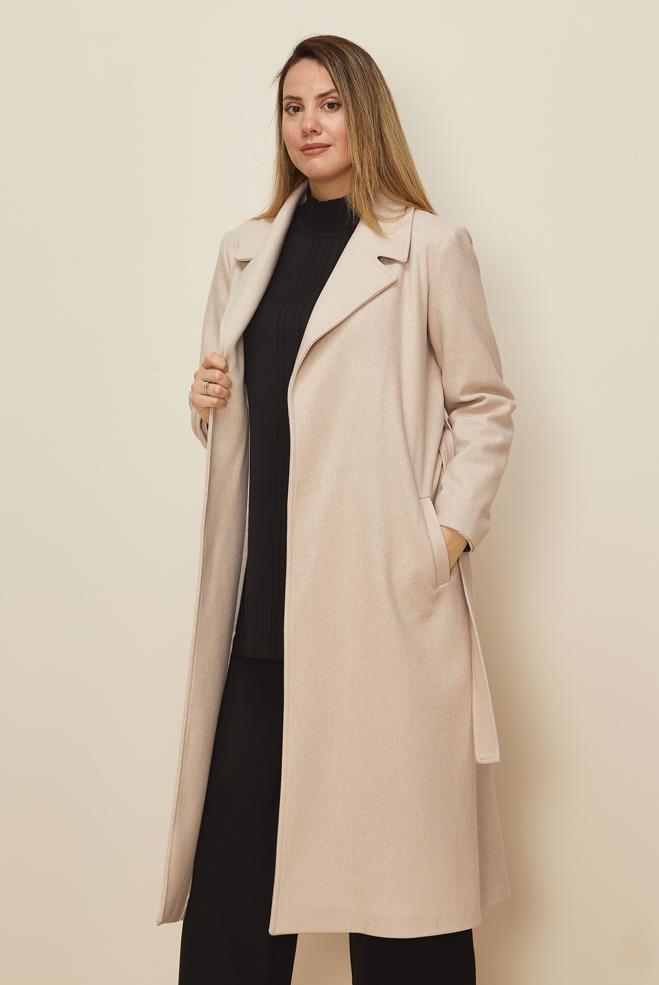 Tesettür giyim BEJ KUŞAKLI KAŞE KABAN 90643 - ALVİNA