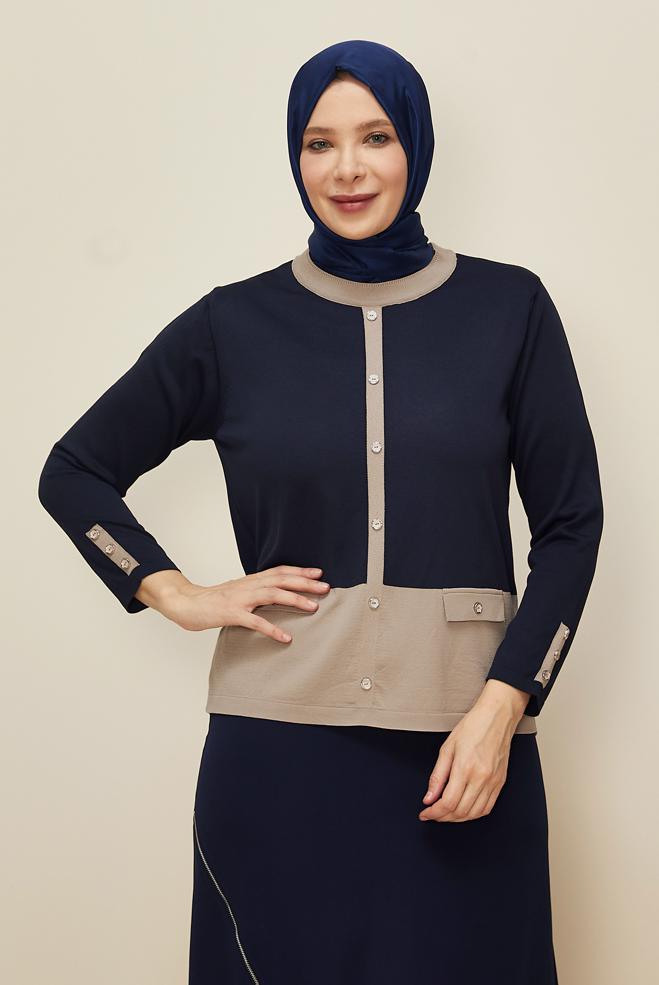 Vêtements hijab BLEU MARINE PULL EN MAILLE GRANDE TAILLE 20850 - ALVİNA