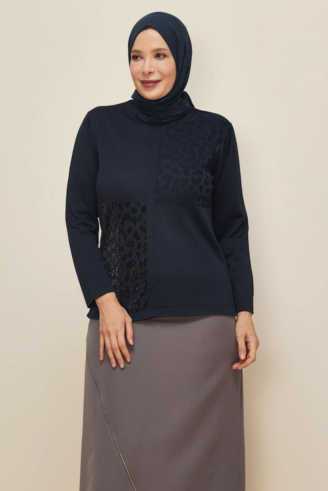Vêtements hijab BLEU MARINE PULL EN MAILLE GRANDE TAILLE 20851 - ALVİNA