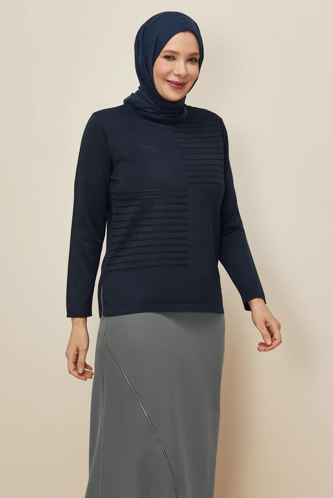 Vêtements hijab BLEU MARINE PULL EN MAILLE GRANDE TAILLE 20852 - ALVİNA