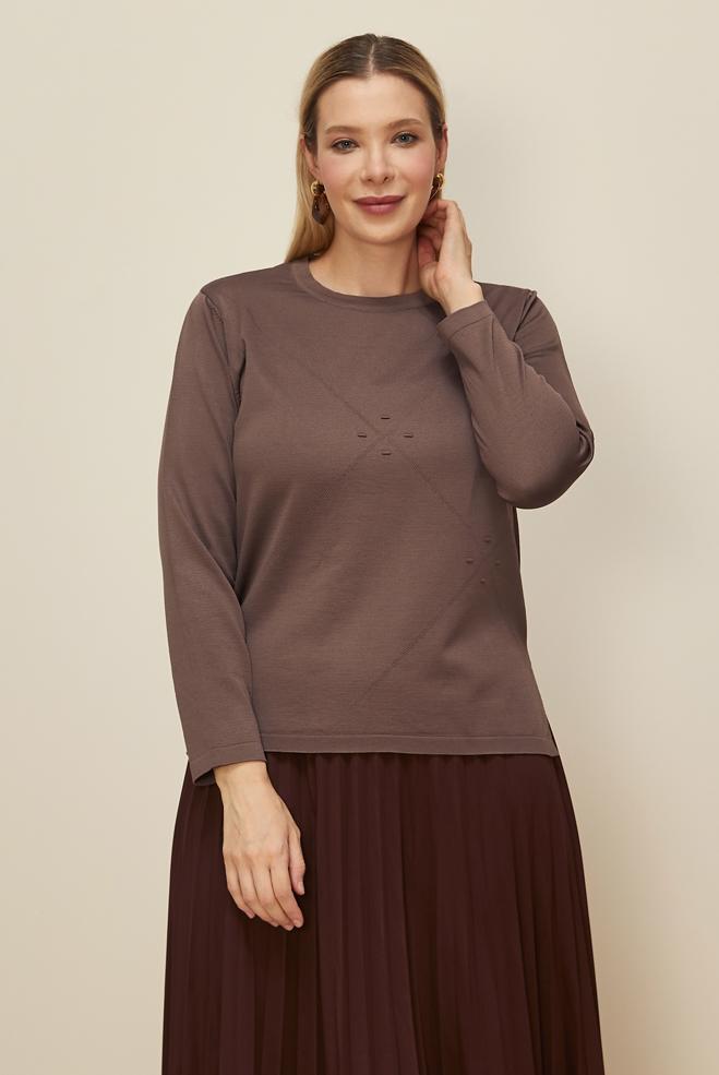 Vêtements hijab BRUN PULL EN MAILLE GRANDE TAILLE 20854 - ALVİNA