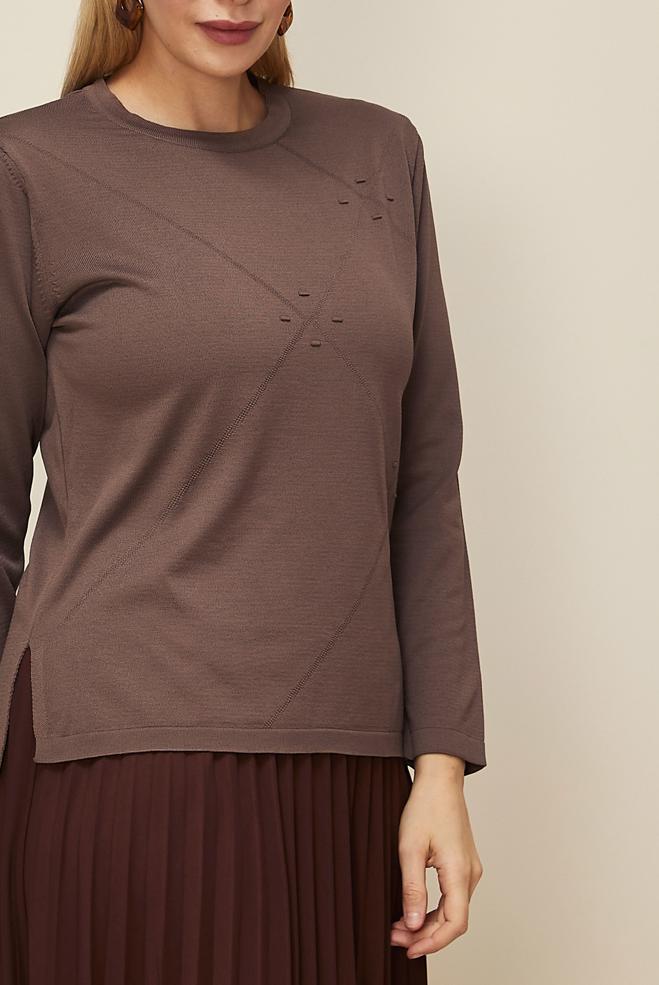 Vêtements hijab BRUN PULL EN MAILLE GRANDE TAILLE 20854 - ALVİNA