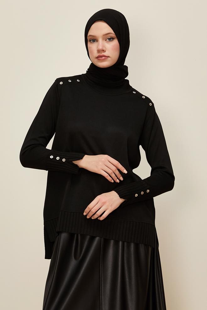 Hijab clothing BLACK BUTTON DETAILED KNITWEAR SWEATER 45879 - ALVİNA