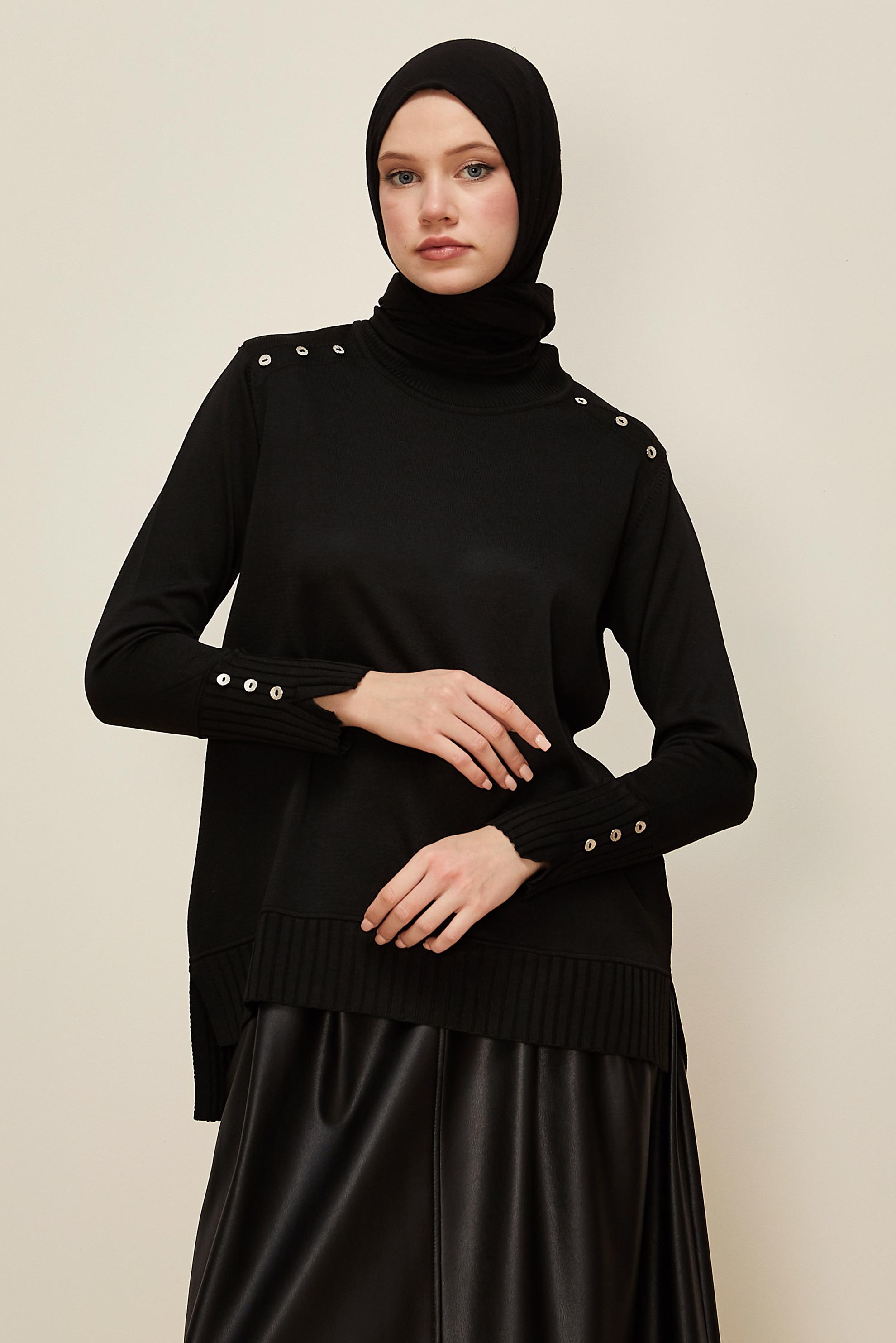 Hijab clothing BLACK BUTTON DETAILED KNITWEAR SWEATER 45879