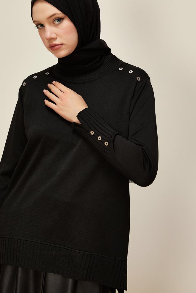 Hijab clothing BLACK BUTTON DETAILED KNITWEAR SWEATER 45879 - ALVİNA